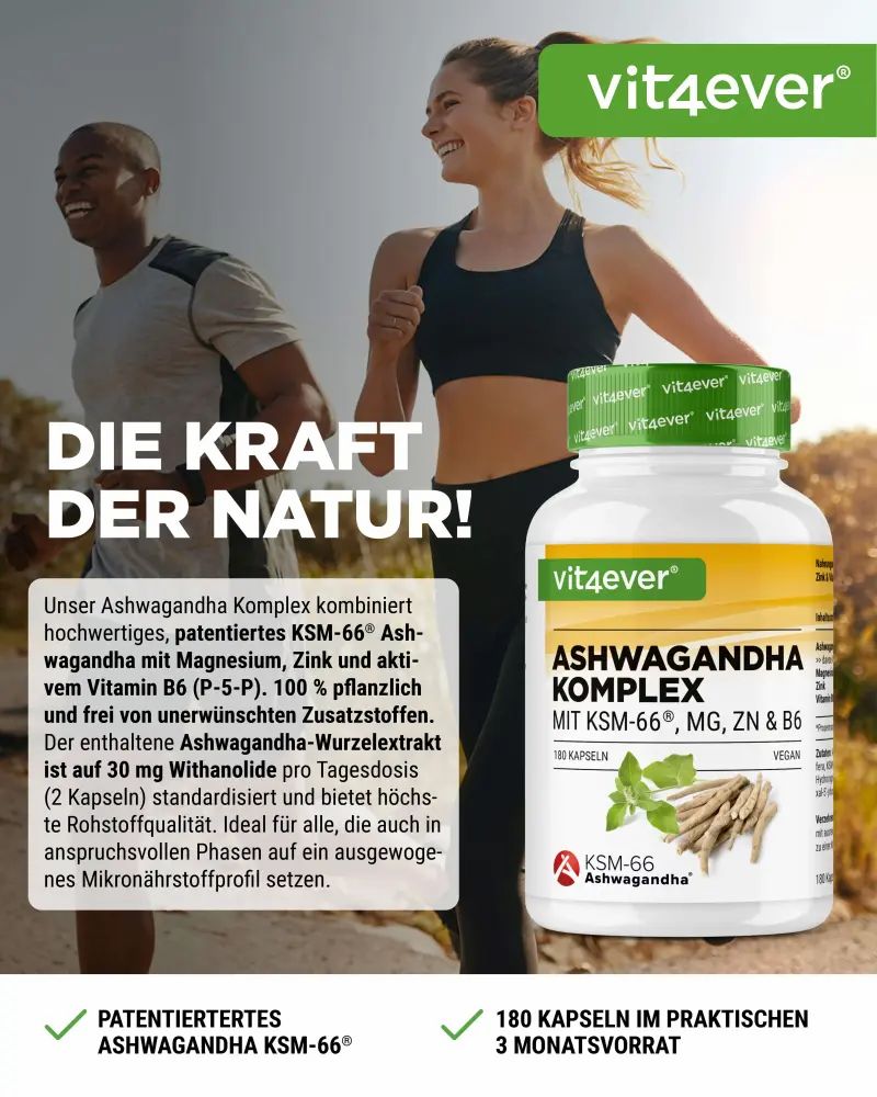 Produktflasche neben Läufern. Aufschrift: Ashwagandha Komplex mit KSM-66, MG, ZN & B6. 180 Kapseln. 3 Monatsvorrat.