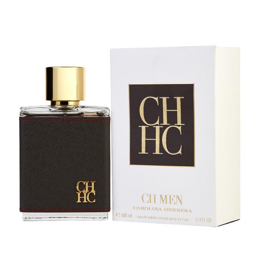 Eau de Toilette-Flakon mit schwarzem Lederimitat, roter Naht und goldenem Verschluss. Weiße Verpackung mit Logo und Schriftzug.