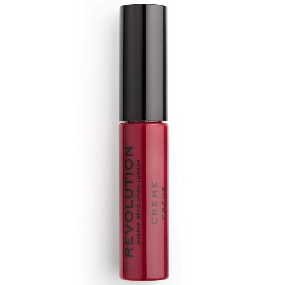 Roter Creme Lippenstift in einer Flasche mit schwarzem Deckel. Auf der Flasche steht "REVOLUTION LONDON CRÈME".
