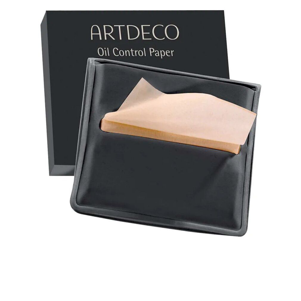 Schwarze Verpackung mit "ARTDECO Oil Control Paper"-Aufdruck. Ölpapiere in einem schwarzen Halter.