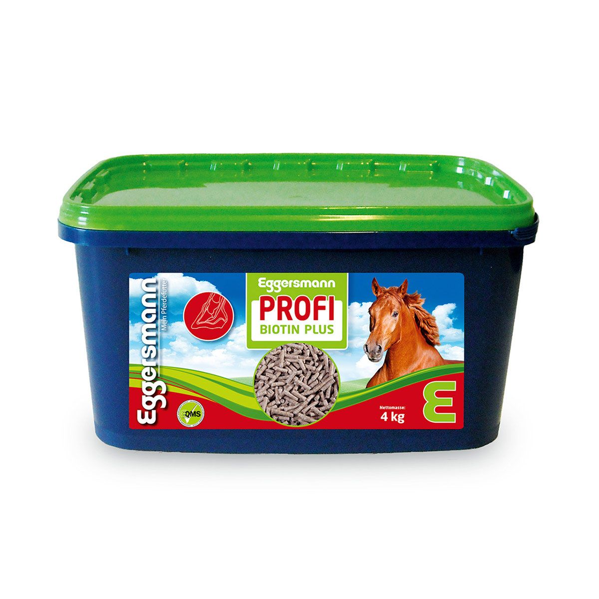 Blau-grüner Behälter mit Produktetikett. Enthält Pellets. Aufschrift: Eggersmann Profi Biotin Plus. 4 kg.