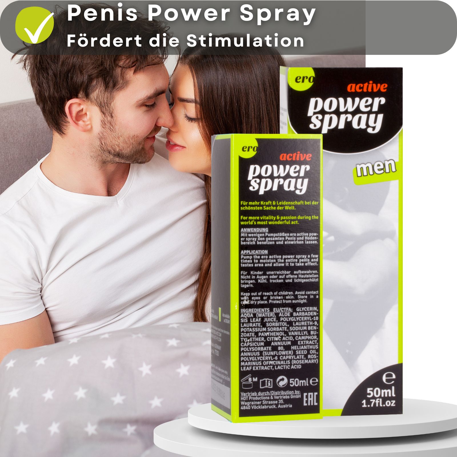 Produktflasche und Verpackung. Paar im Bett. Text: Penis Power Spray, fördert die Stimulation.