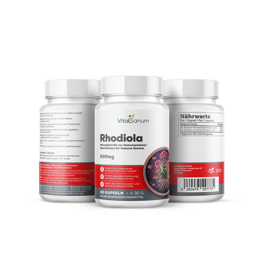 Drei weiße Flaschen VitaSanum Rhodiola. Rote Etiketten mit Text. 60 Kapseln. 500mg. Illustration von Rhodiola-Pflanze.