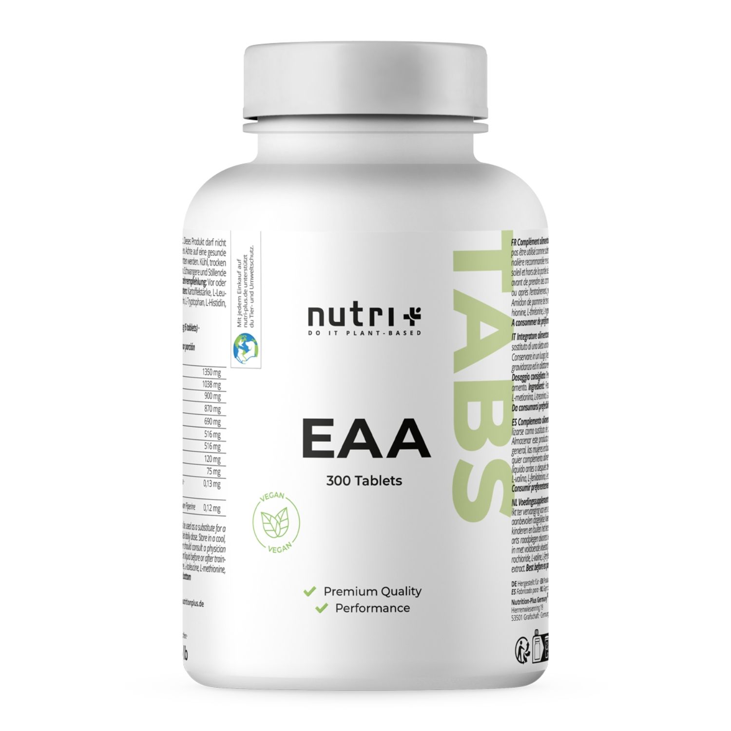Zwei weiße Tabletten. Aufschrift: EAA TABS. Vegan-Siegel. Ohne Farbstoffe, Soja, Gluten, Laktose, Gentechnik.