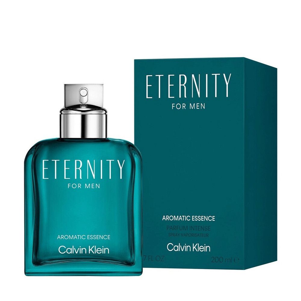 Türkisgrüner Flakon und Verpackung. Silberner Verschluss. Schriftzug: Eternity for Men Aromatic Essence. Marke: Calvin Klein.