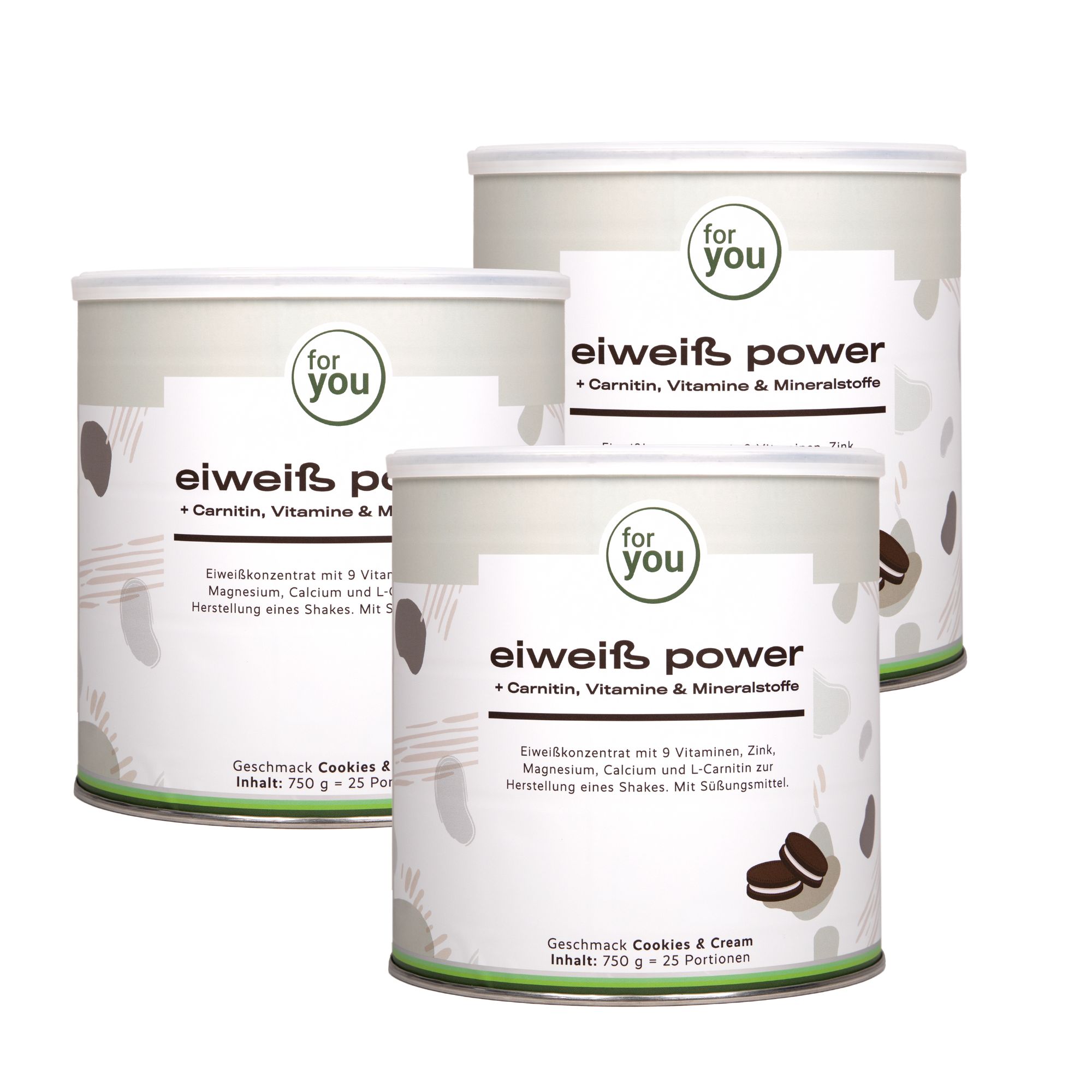 Drei Dosen "eiweiß power" mit Carnitin, Vitaminen & Mineralstoffen. Geschmack Cookies & Cream.