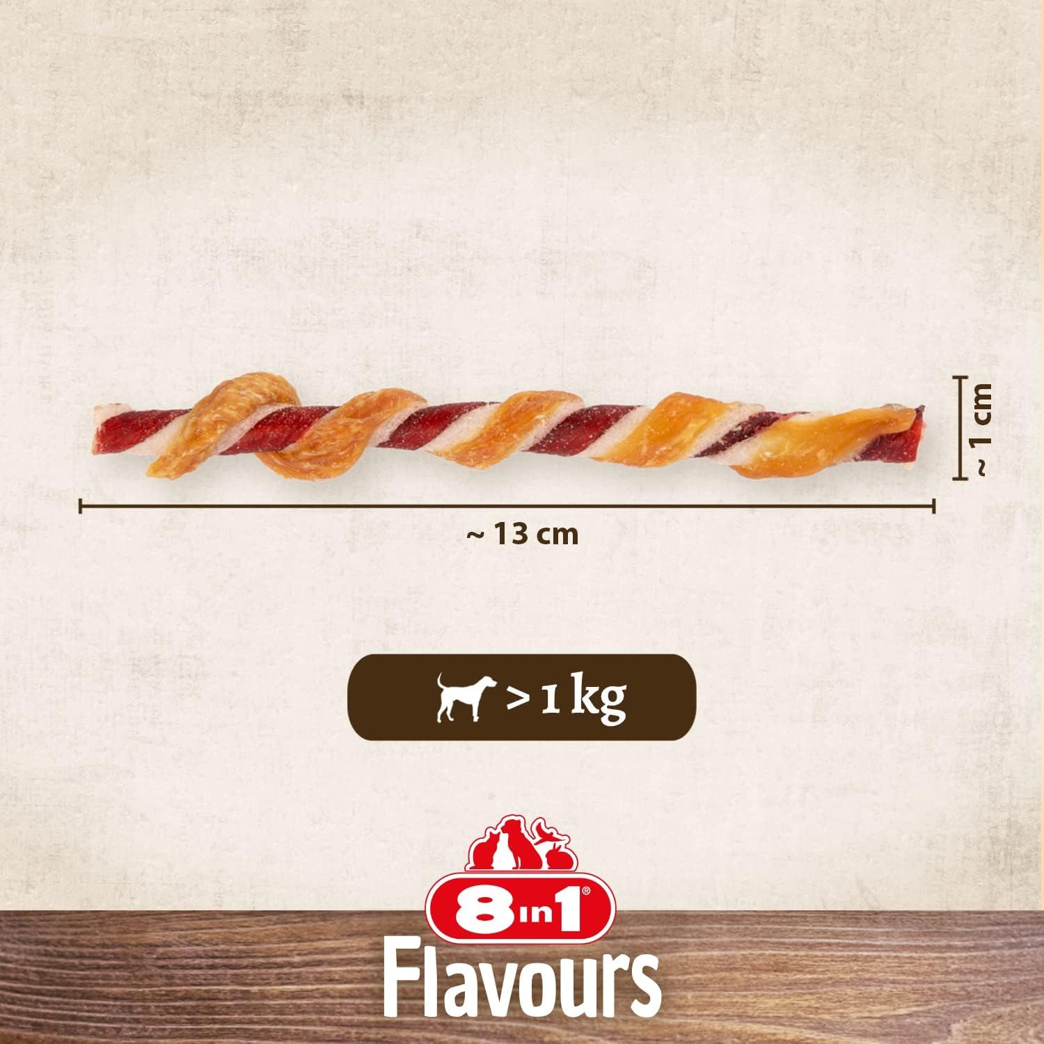 Einzelner gedrehter Stick, ca. 13 cm lang, 1 cm dick. Text: >1 kg. 8in1 Flavours Logo.