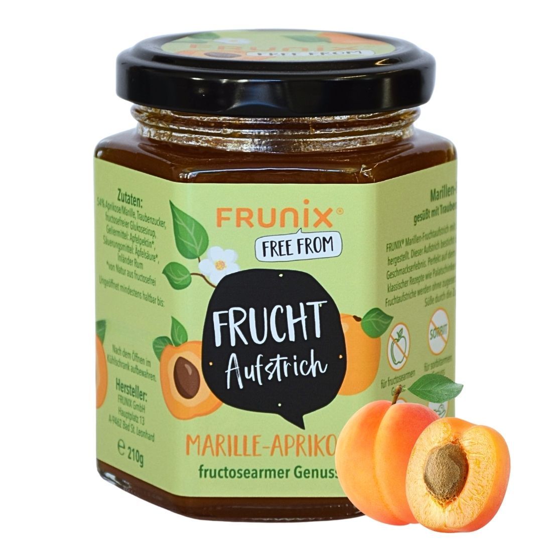 Glas FRUNIX® Marille-Aprikose-Fruchtaufstrich. Etikett mit Produktinformationen und Illustrationen von Aprikosen. Inhalt: 210g.