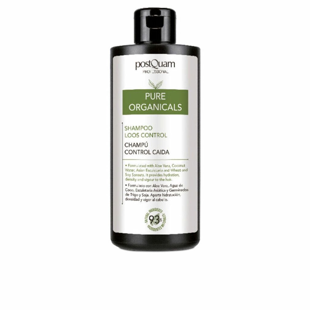 Schwarze Shampoo-Flasche mit weißem Etikett. Aufschrift: Postquam, Pure Organicals, Shampoo Loos Control, Champú Control Caida. Mit 93% Inhaltsstoffen.