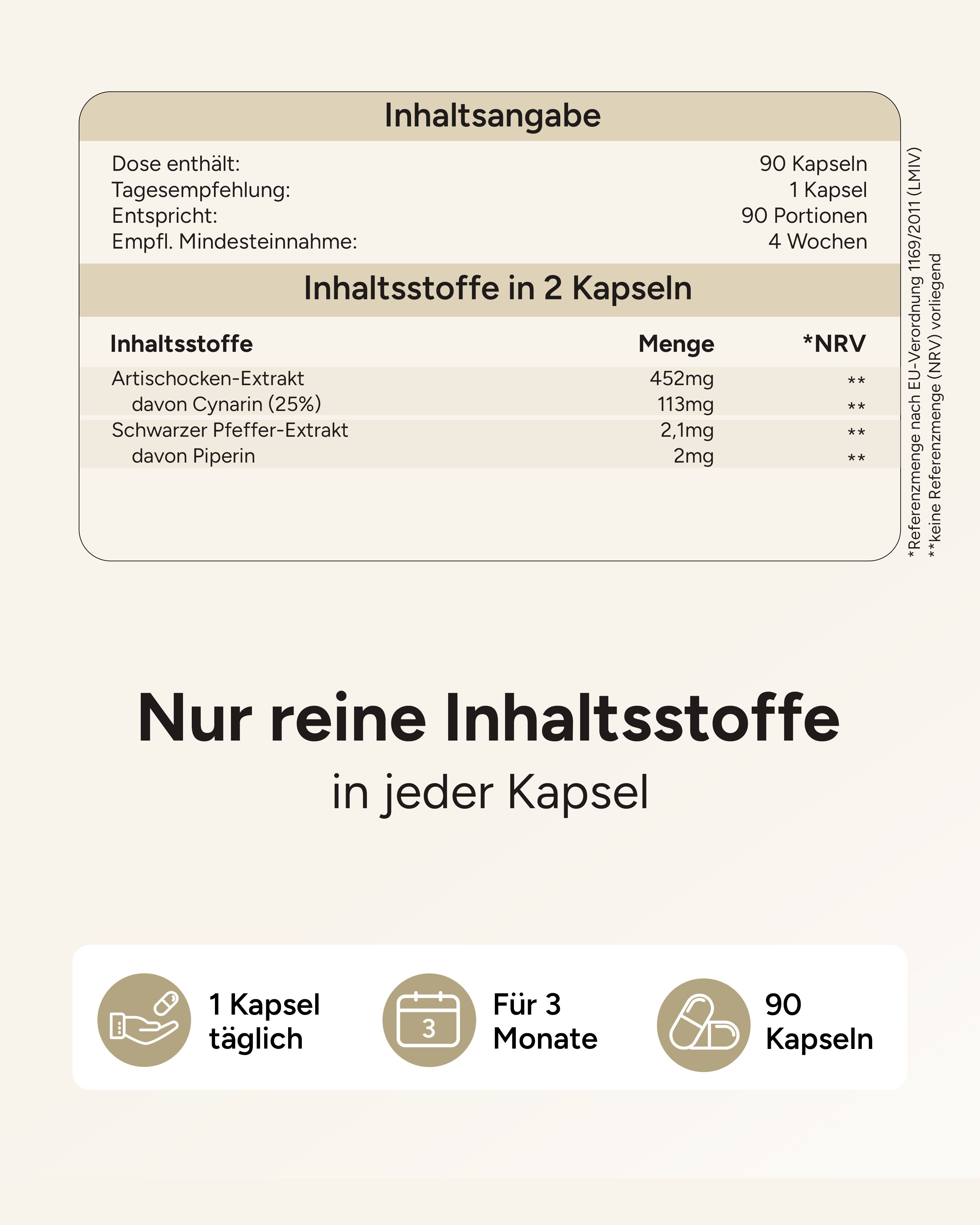 Inhaltsangabe: 90 Kapseln, 1 Kapsel täglich, Inhaltsstoffe: Artischocken-Extrakt, Cynarin, Pfeffer-Extrakt.