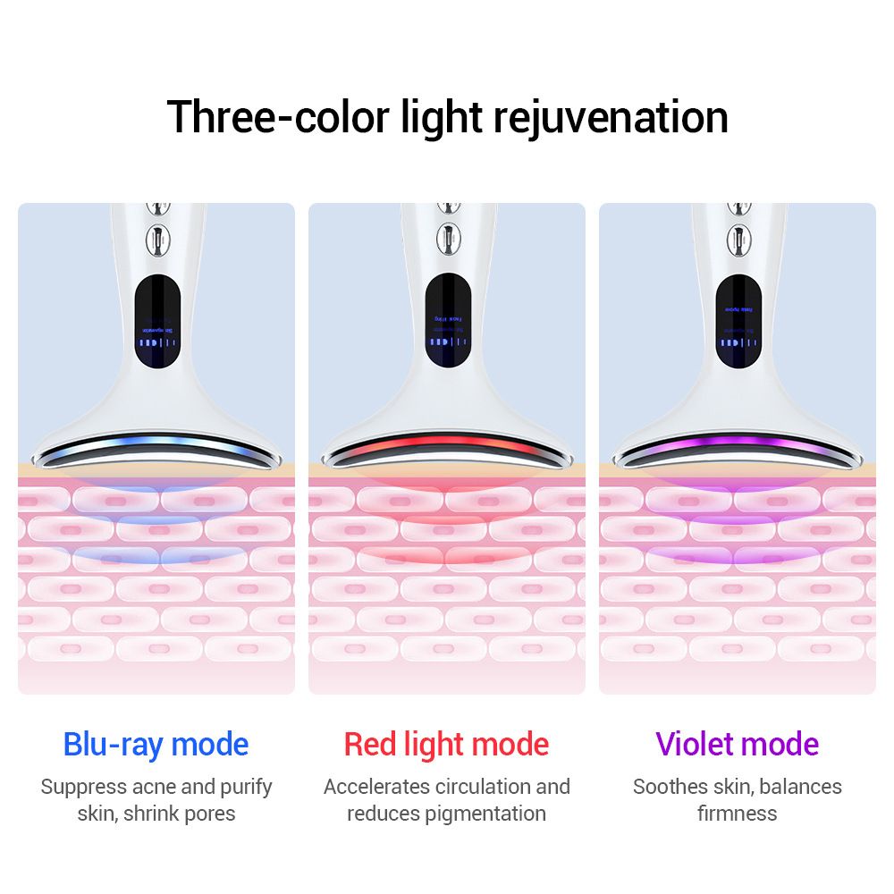 Drei weiße Gesichtslifting-Geräte mit unterschiedlichen Lichtmodi: Blau, Rot und Violett. Hautschichten dargestellt.