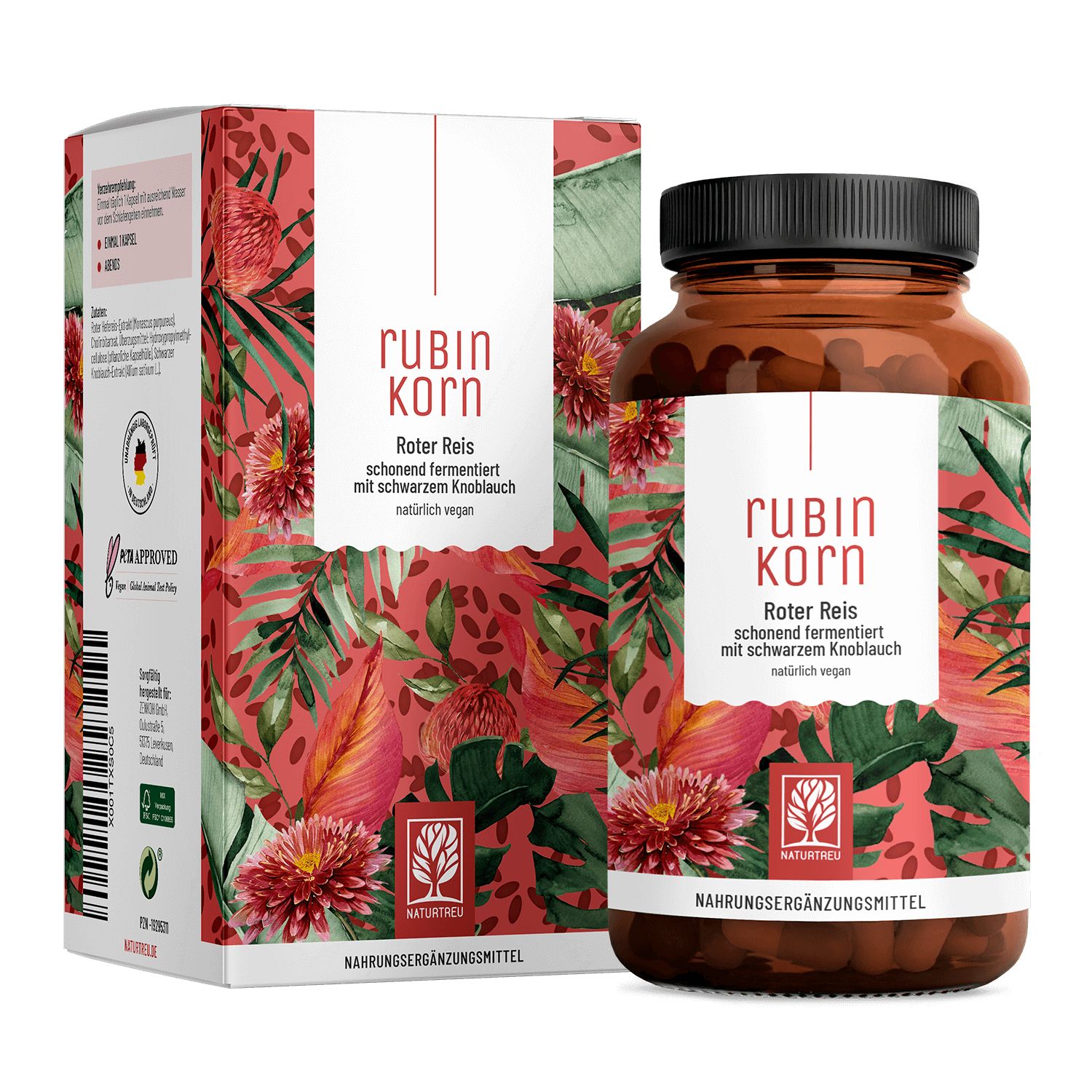 Braune Glasflasche und Schachtel mit rotem Reis Komplex. Aufschrift: Rubin Korn, Roter Reis, natürlich vegan. Mit floralem Muster.