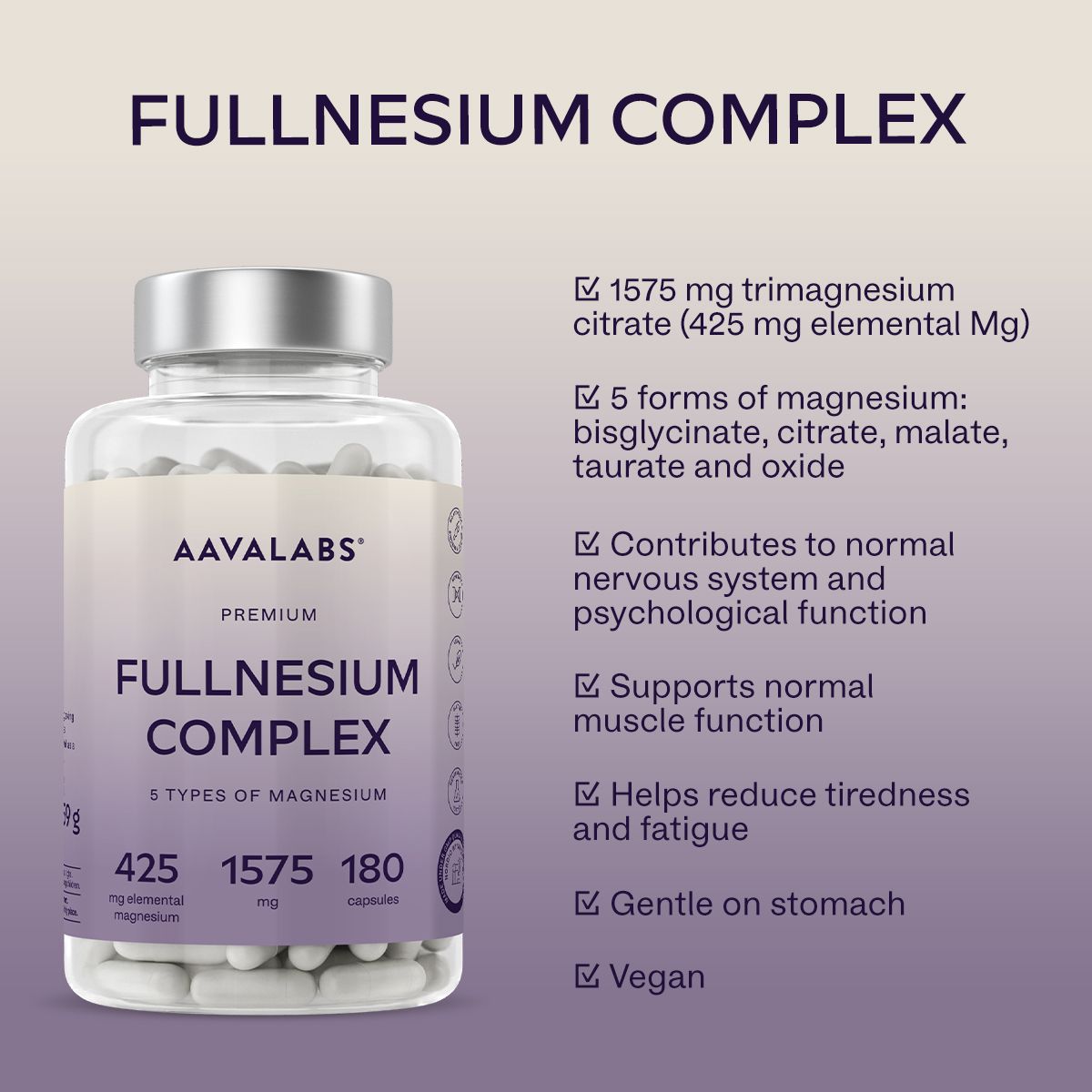 Aavalabs Magnesium Komplex Flasche mit Vorteilen: Nervensystem, Muskeln, Müdigkeit.