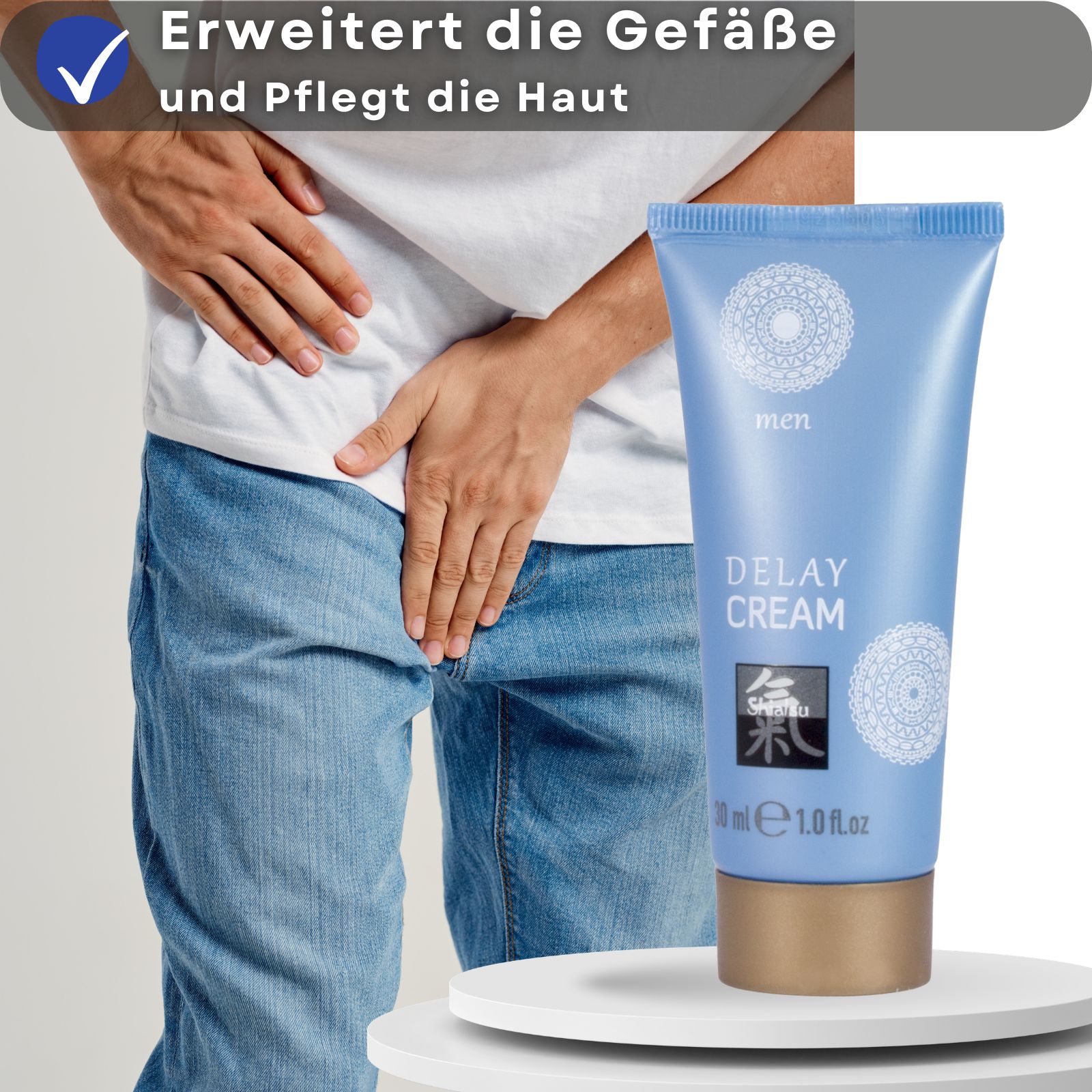 Blaue Tube und Text. Text: DELAY CREAM, Shiatsu, 30 ml. Paar im Hintergrund.