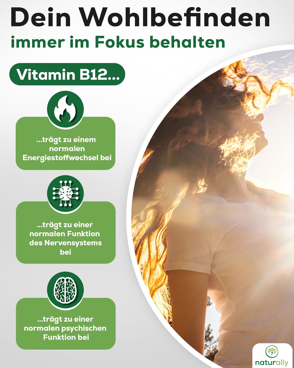 Infografik mit grünen Feldern und Icons. Text: Vitamin B12... trägt zu einem normalen Energiestoffwechsel bei.