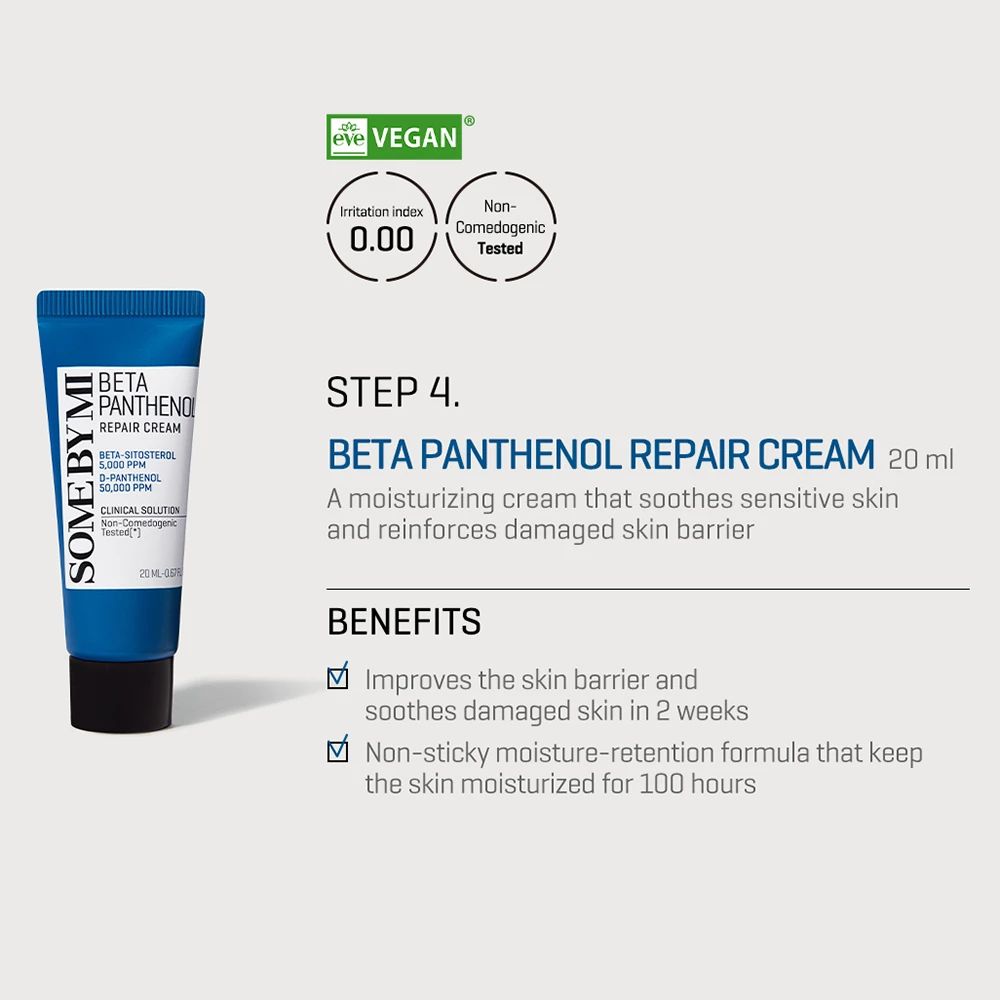 Blaue Tube mit schwarzem Deckel. Aufschrift: Beta Panthenol Repair Cream. Vegan-Logo. Text daneben.