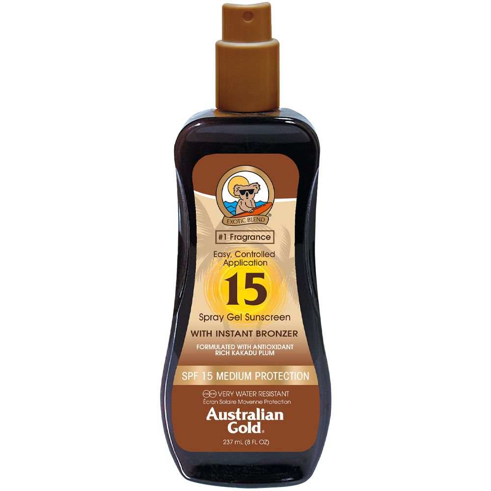 Australien Gold SPF 15 Spray Gel Bronzer. Braune Flasche mit Sprühkopf. Text: SPF 15, Medium Protection, mit Instant Bronzer.