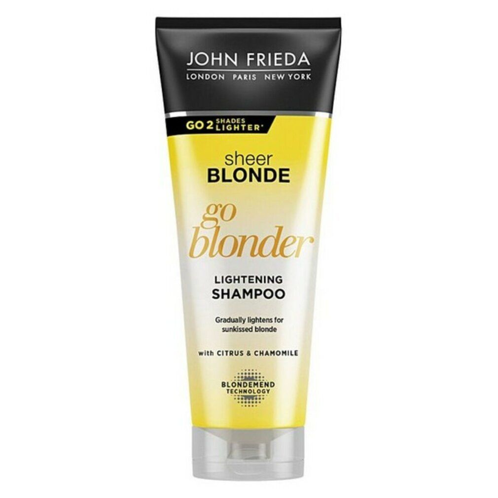 John Frieda Sheer Blonde Go Blonder Shampoo. Gelbe Tube mit schwarzem Deckel. Produktname und Logo deutlich sichtbar.