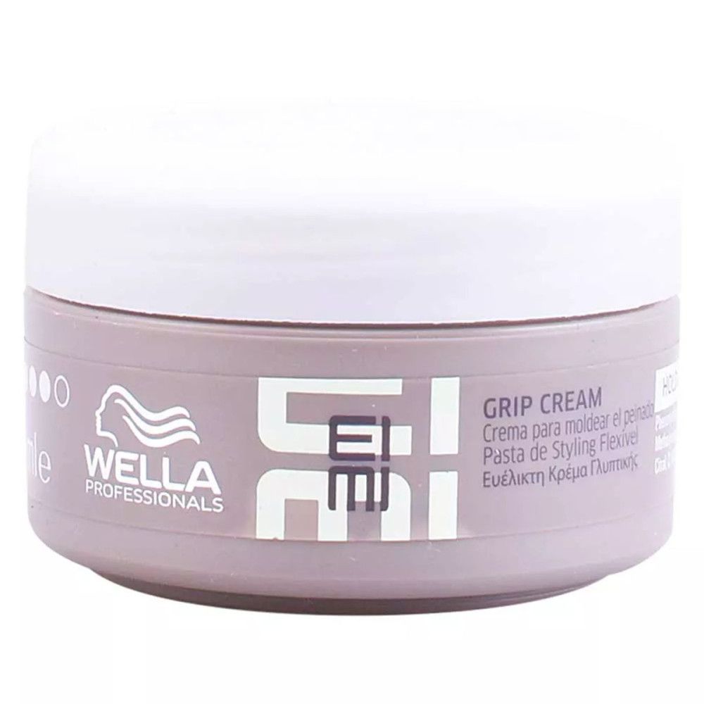 Behälter mit Wella Eimi Grip Cream. Dose grau mit weißem Deckel. Schriftzug Eimi und Grip Cream.