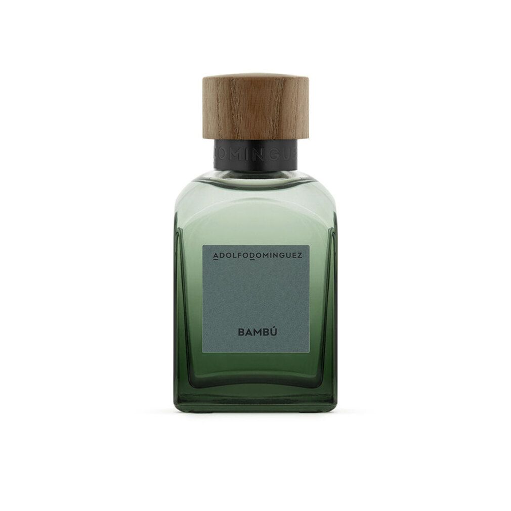 Grüne rechteckige Flasche mit Holzdeckel. Auf dem Etikett steht "Bambú". Marke ADOLFO DOMINGUEZ.