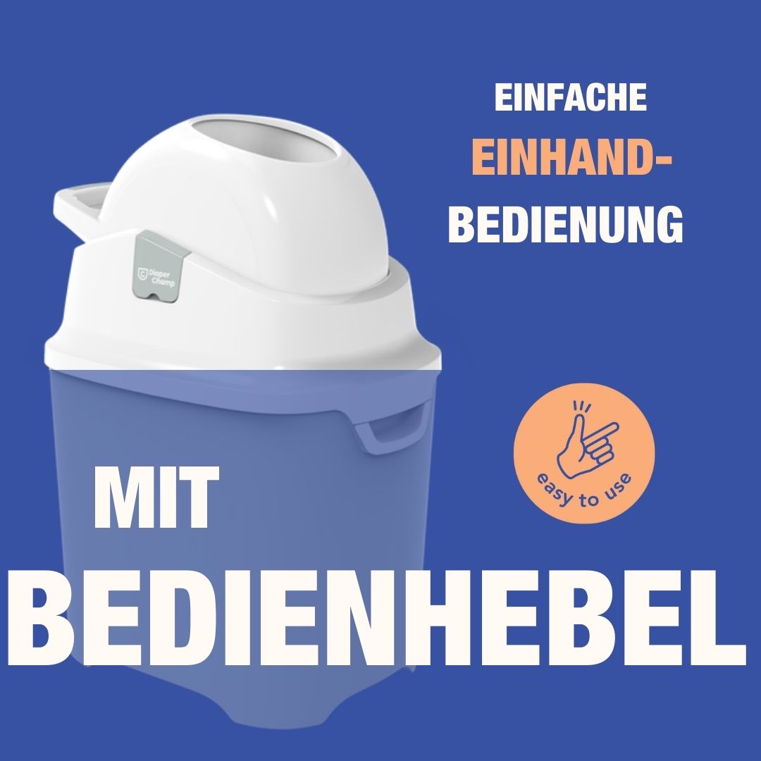 Windeleimer Diaper Champ One, grau-weiß. Text: "EINFACHE EINHAND-BEDIENUNG" und "MIT BEDIENHEBEL". Logo und Text: "Diaper Champ".