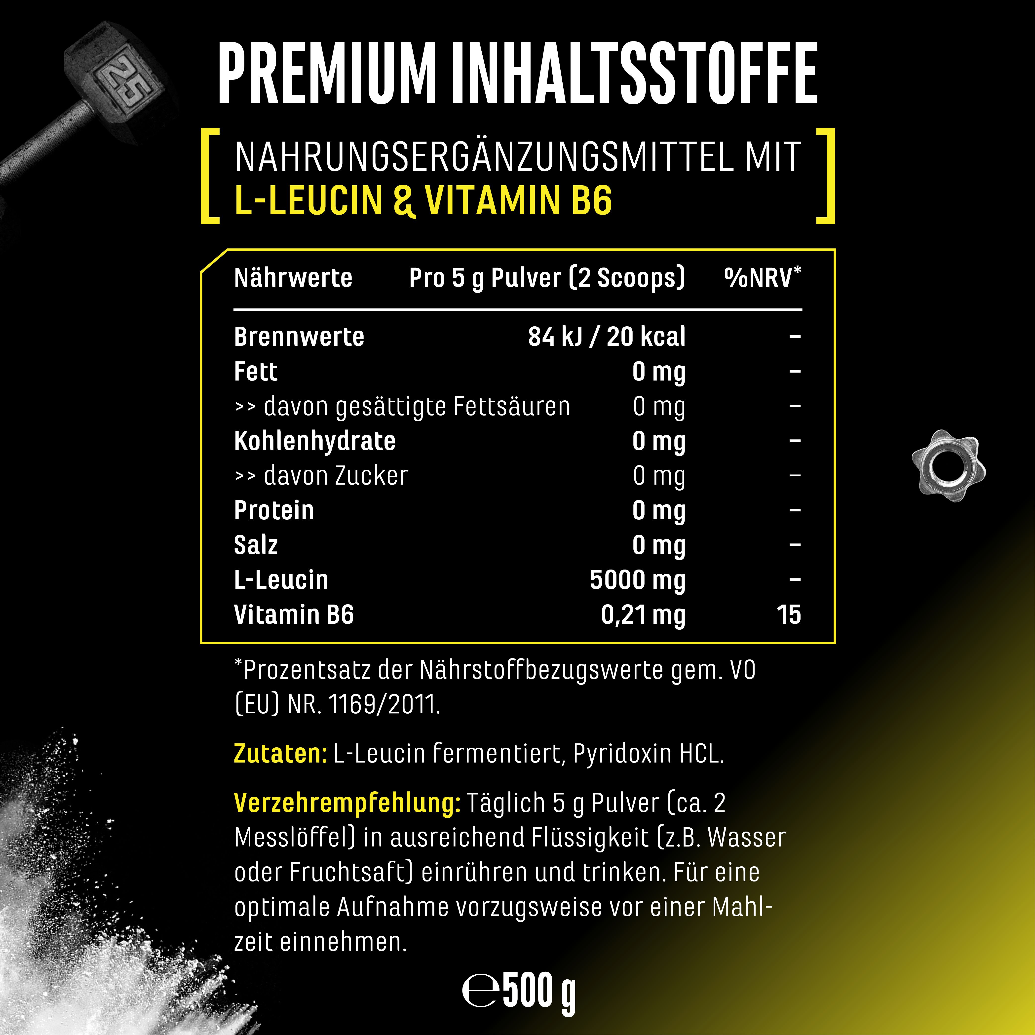 Nährwertangaben für L-Leucin & Vitamin B6. Enthält Brennwerte, Fett, Kohlenhydrate, Protein, Salz, L-Leucin, Vitamin B6.