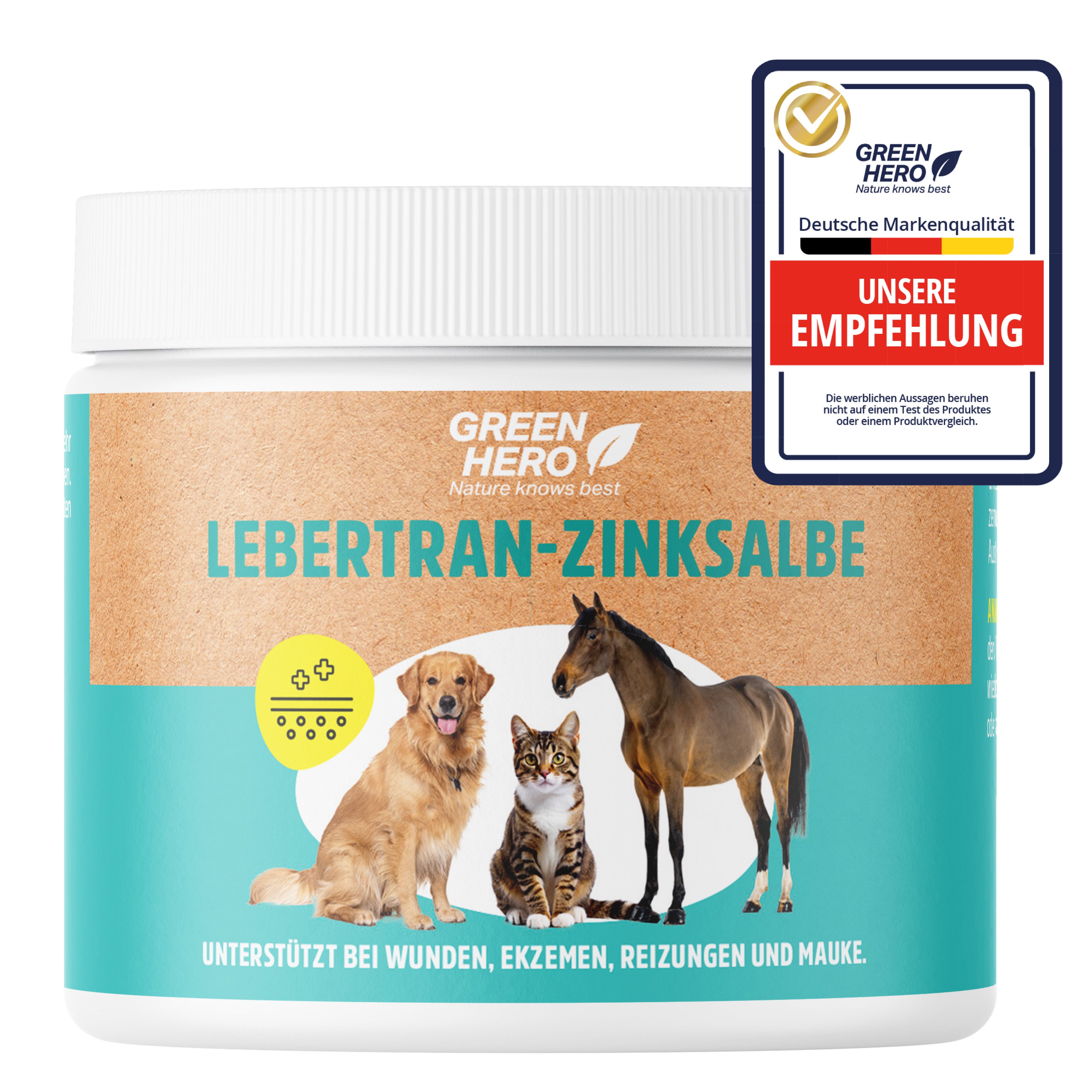 GreenHero Lebertran-Zinksalbe. Text: Unterstützt bei Wunden, Ekzemen, Reizungen. Deutsche Markenqualität.
