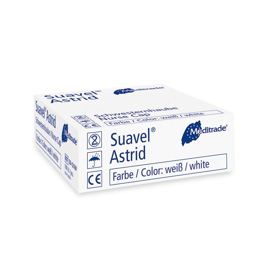 Weiße Verpackung mit Aufdruck. Enthält 'Suavel Astrid' und 'Meditrade'. Farbe: weiß.