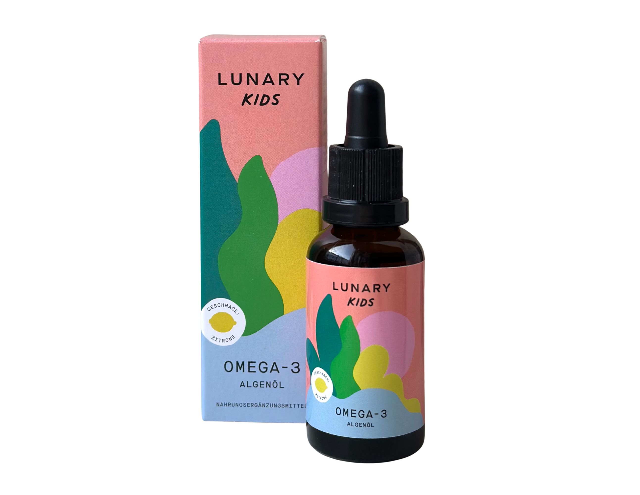 Produktverpackung: Flasche und Schachtel. LUNARY KIDS Omega-3 Algenöl. Mit Zitronengeschmack. Enthält DHA und EPA.