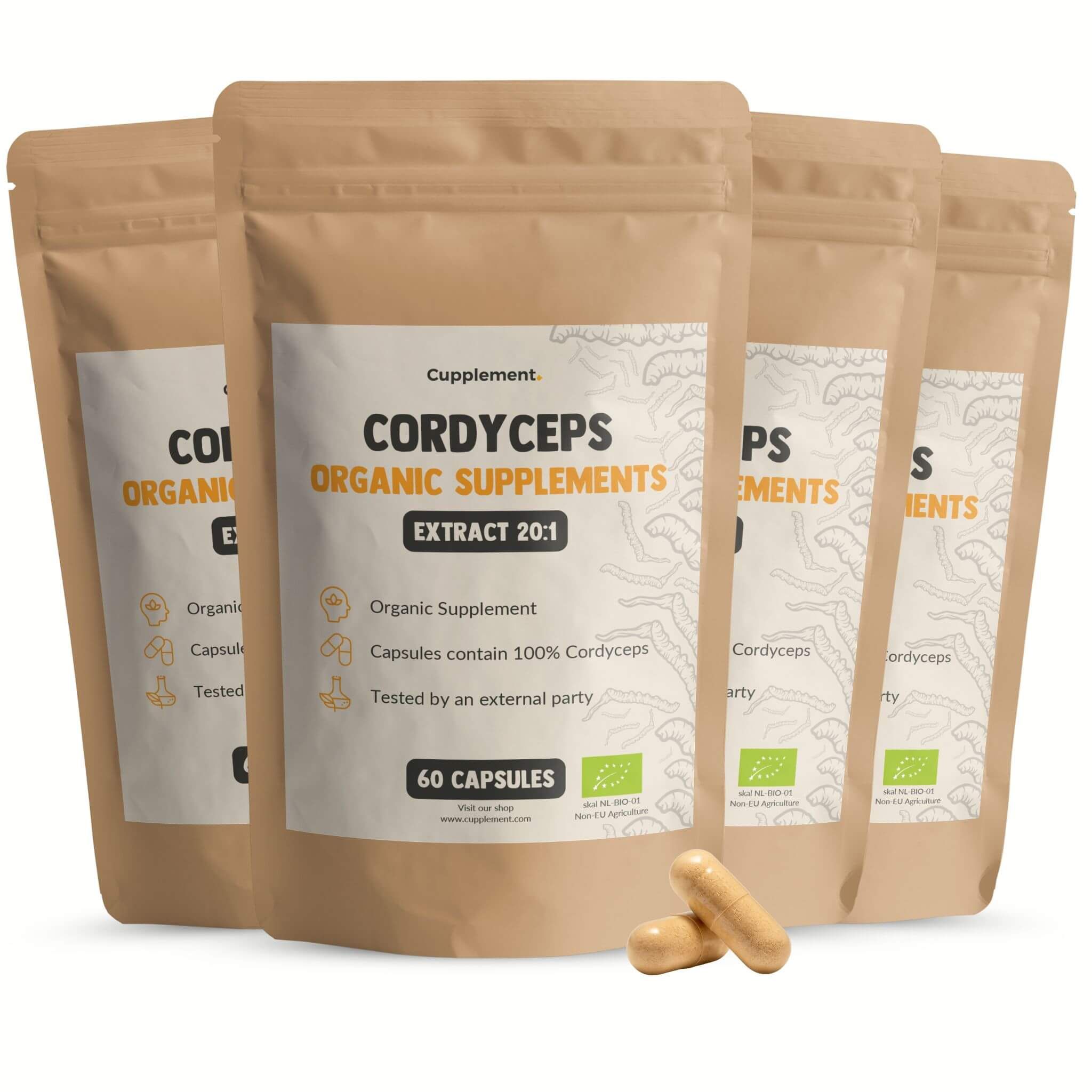 Mehrere Beutel mit Cordyceps-Kapseln. Aufschrift: Cordyceps, Organic Supplements, Extract 20:1, 60 Kapseln.