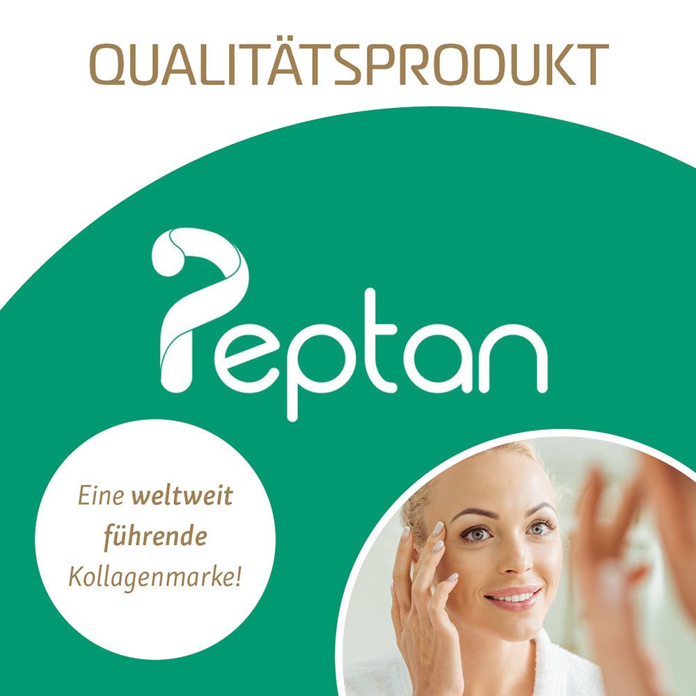 Logo Peptan® mit Frau und Text 'Weltweit führende Kollagenmarke'.