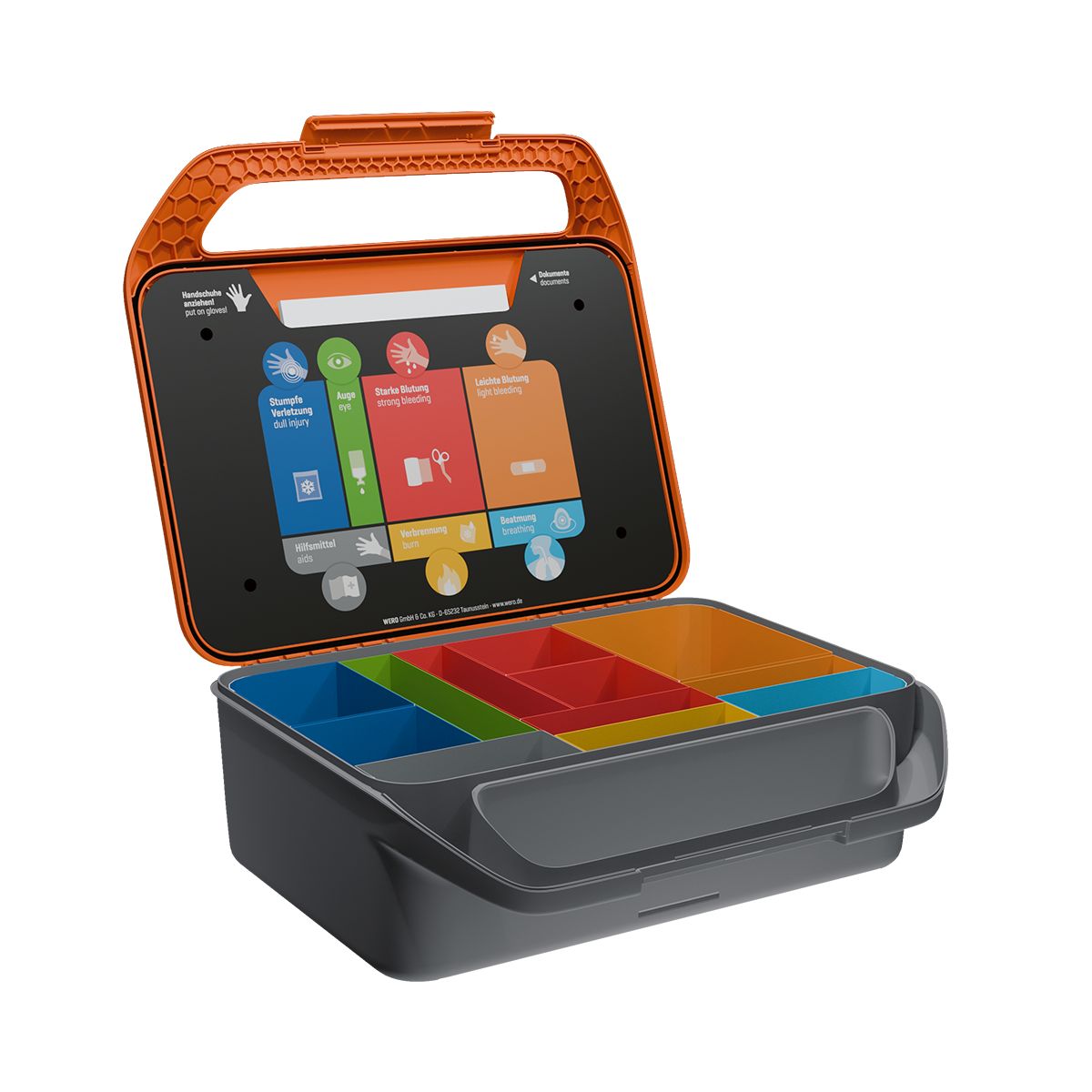 Geöffnete Erste Hilfe Koffer mit Fächern. Innenliegende Infotafel mit Piktogrammen. Orange und graue Farben.