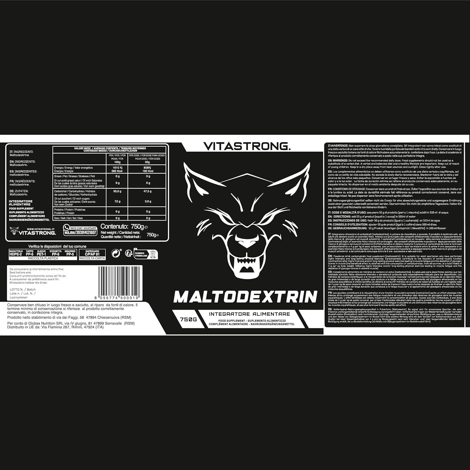 Rückseite der Dose Maltodextrin. Enthält Nährwertangaben und Inhaltsstoffe.