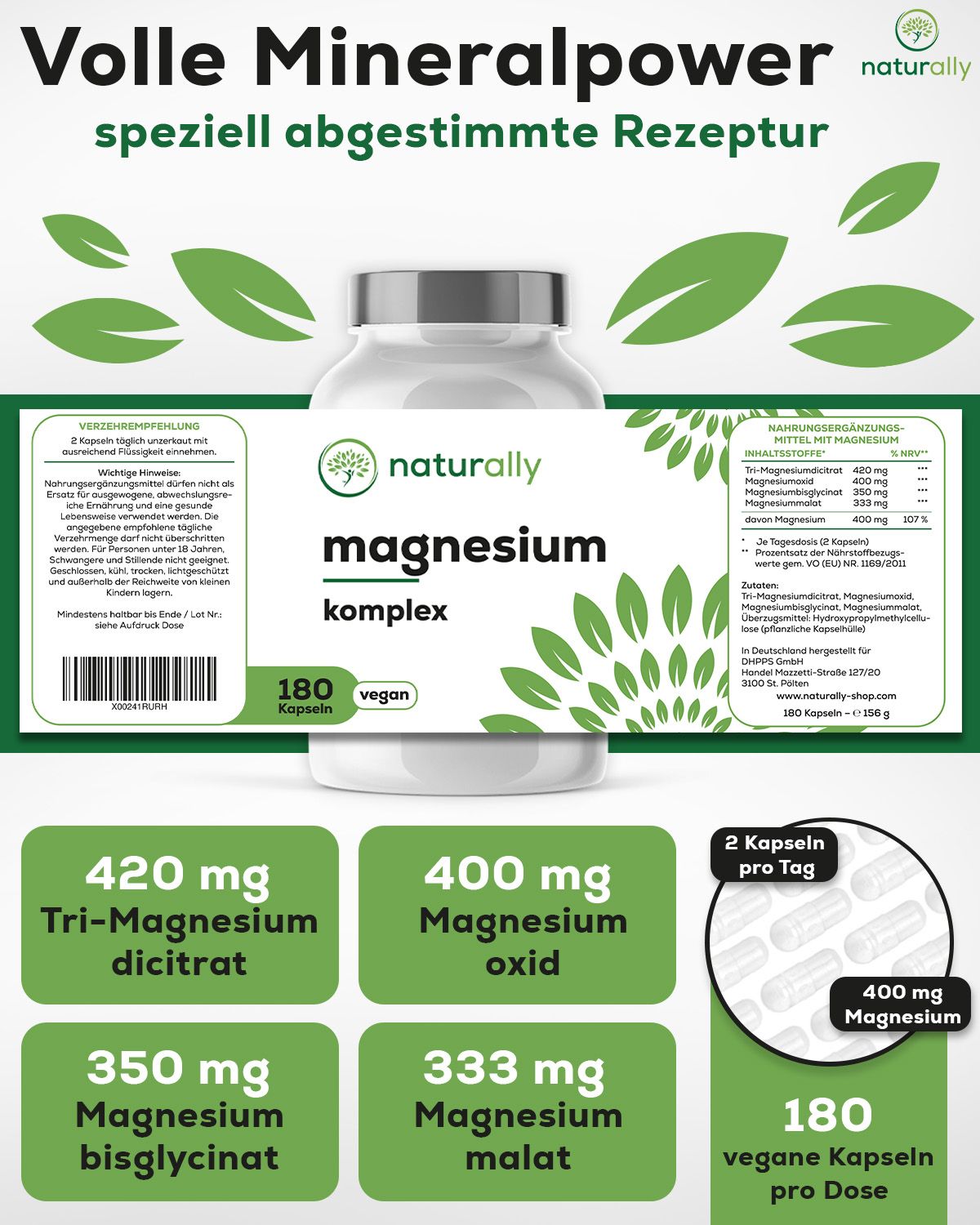 Weißes Glas mit Kapseln. Aufschrift: naturally magnesium komplex. 180 Kapseln, vegan. Zusätzliche Informationen.