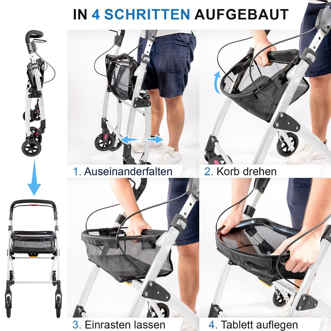Rollator, Aufbau in 4 Schritten: Ausfalten, Korb drehen, einrasten, Tablett auflegen.