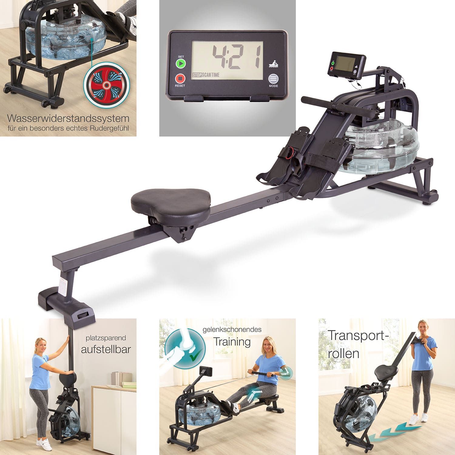 Rudergerät mit Wasserbehälter, Sitz, Fußstützen und Display. Zusätzliche Bilder: Display, platzsparend, Transportrollen, gelenkschonendes Training.