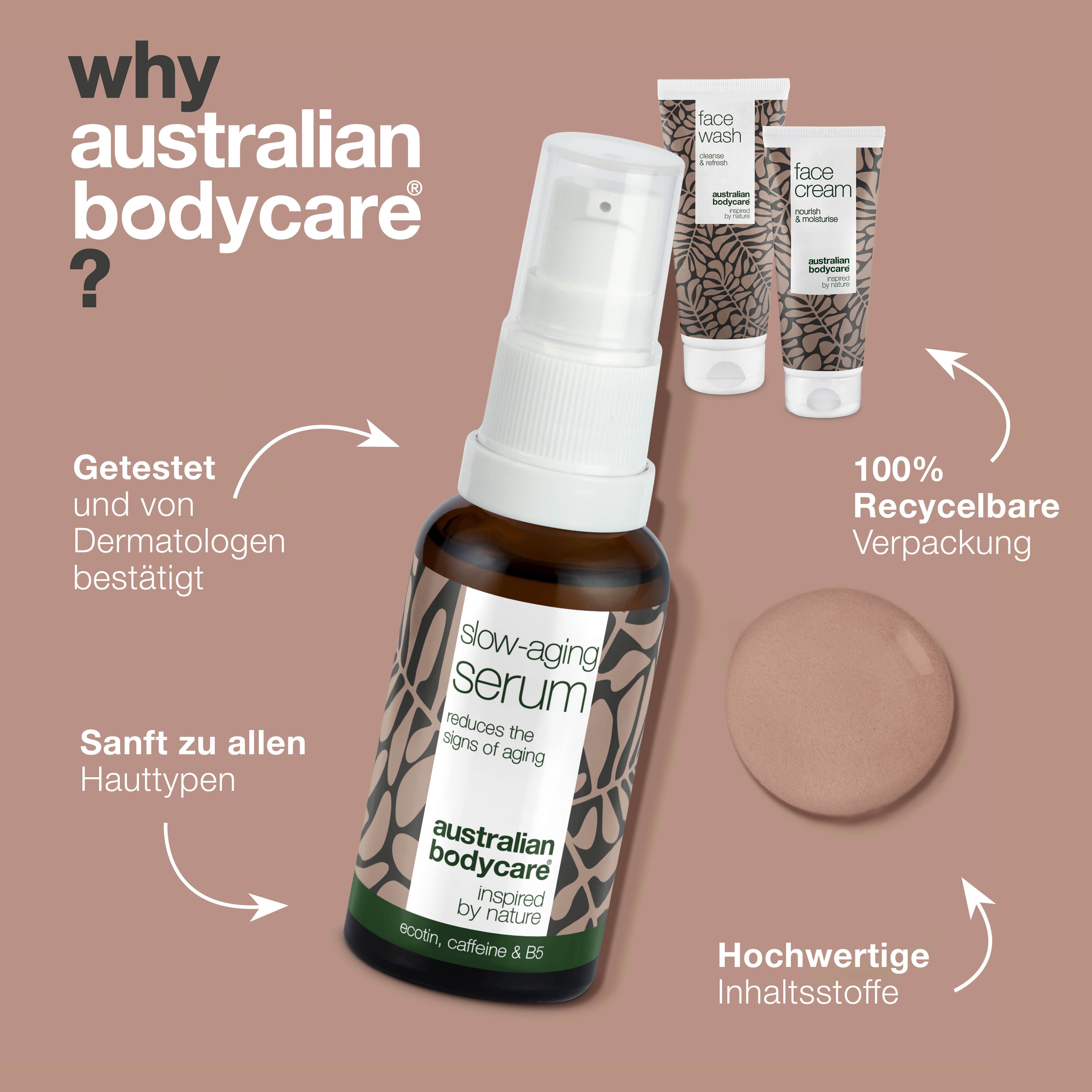 Serum in brauner Flasche mit Sprühkopf. 100% recycelbare Verpackung. Marke: Australian Bodycare.