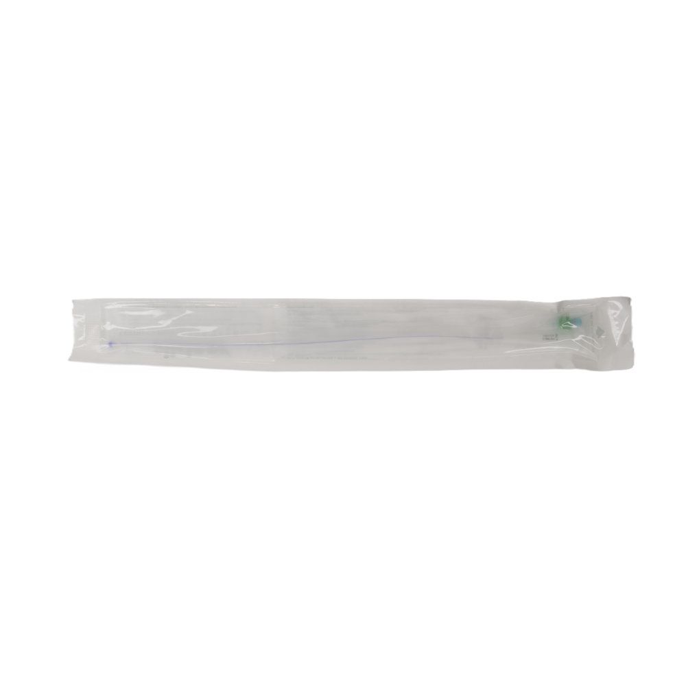 Katheter in steriler Verpackung. Transparentes Material, längliche Form. Verschluss an einem Ende.