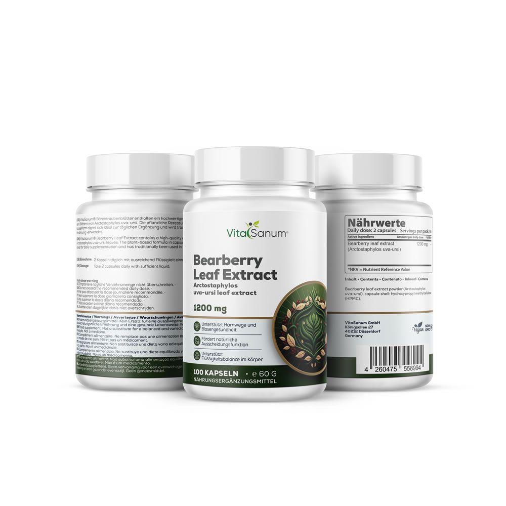 Drei weiße Pillenbehälter mit VitaSanum®-Etikett. Aufschrift: Bearberry Leaf Extract, 1200 mg. 100 Kapseln.