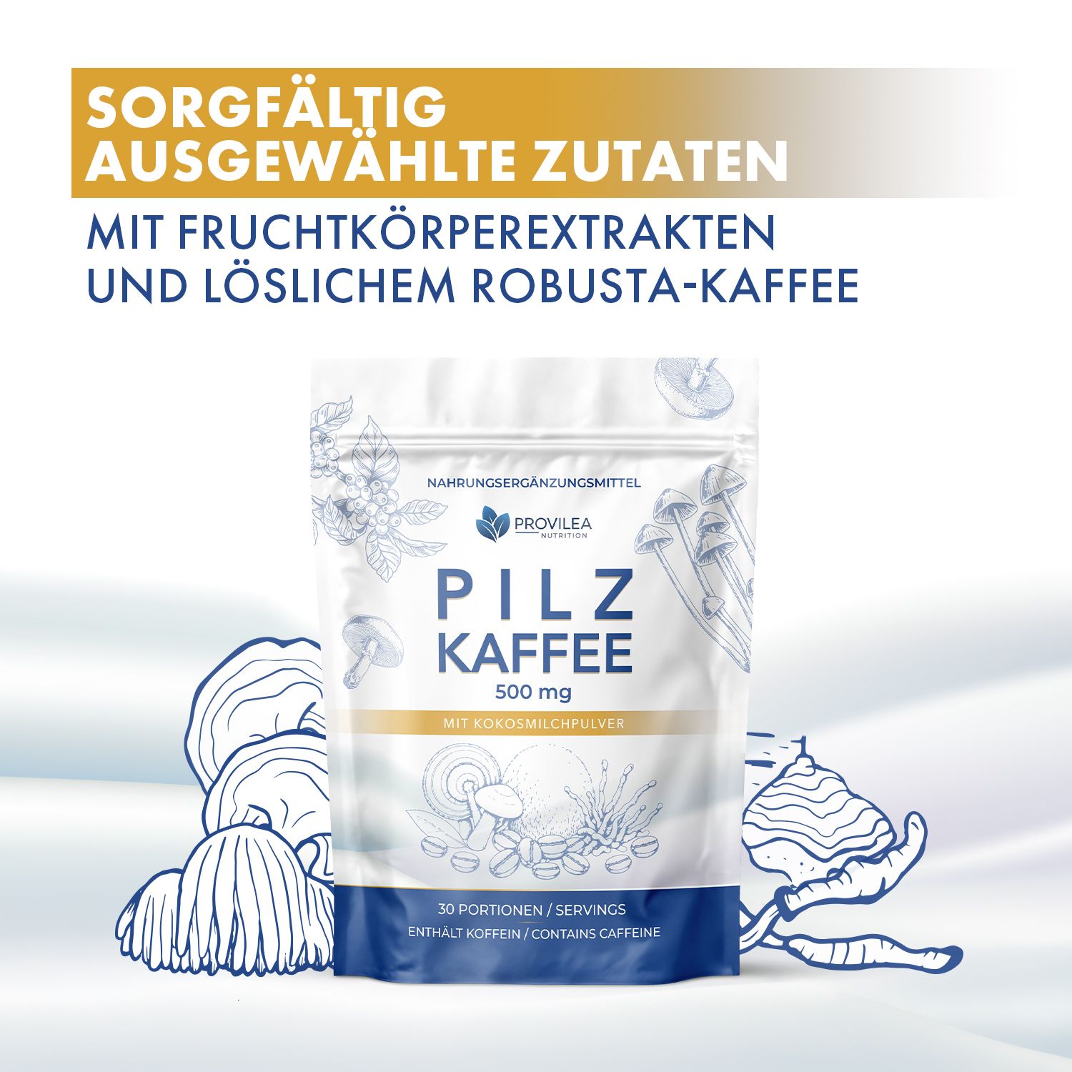 Pilzkaffee-Beutel mit Abbildungen von Pilzen, Kaffeebohnen und Kokosnuss.
