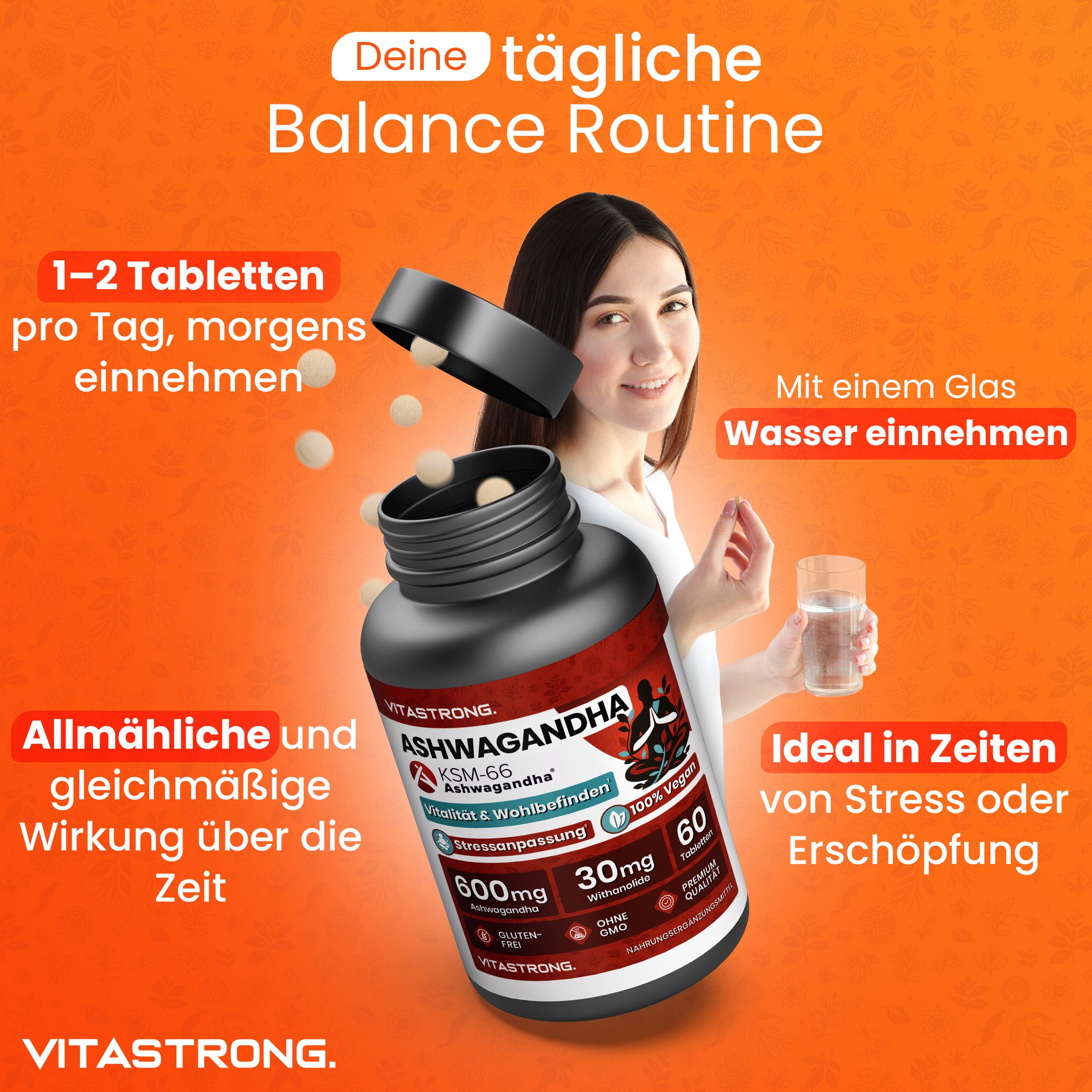 Frau mit Flasche Ashwagandha KSM-66®. 60 Tabletten. Nimmt Tablette mit Wasser ein. Hintergrund: orangefarben.