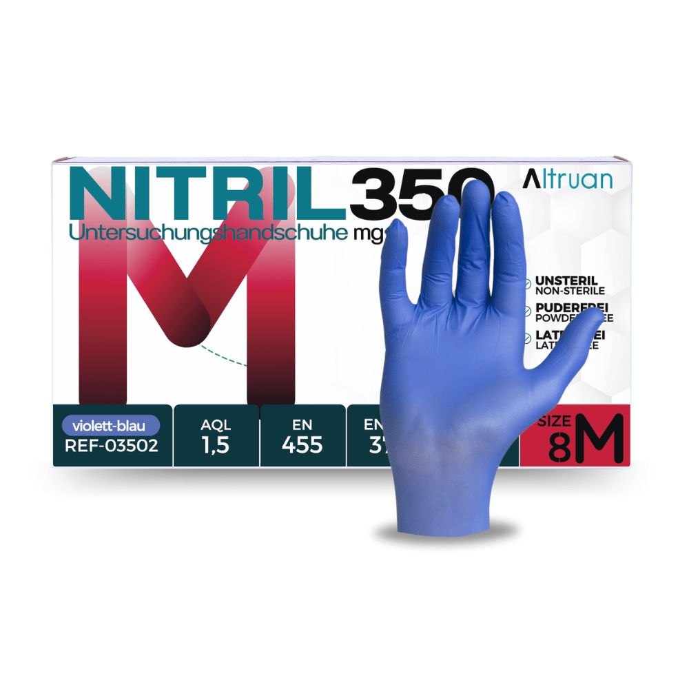 Blaue Nitril-Einmalhandschuhe, Größe M, unsteril, puderfrei. Verpackung zeigt 'NITRIL 350' und 'Altruan'.