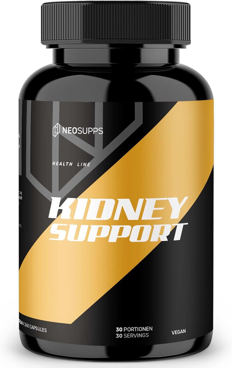 Schwarze Flasche mit gelbem Etikett. Aufschrift: Kidney Support, Neosupps. 30 Portionen, 30 Servings. Vegan.