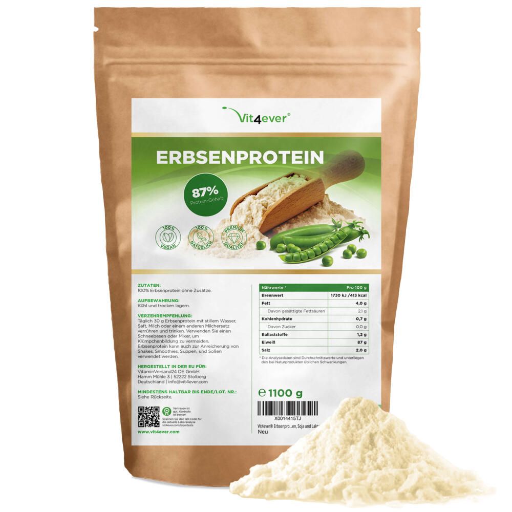 Produktverpackung von Vit4ever Erbsenprotein Pulver. Braune Tüte mit Produktinformationen, Nährwertangaben und Zertifizierungen.