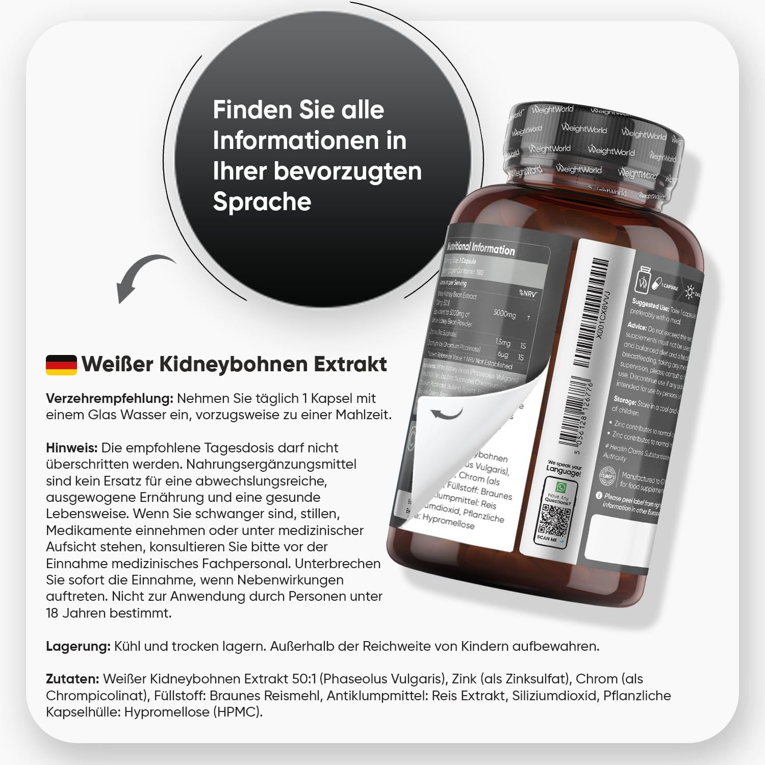 Rückseite der Flasche mit Informationen in deutscher Sprache. Enthält Informationen zu Inhaltsstoffen und Anwendung.