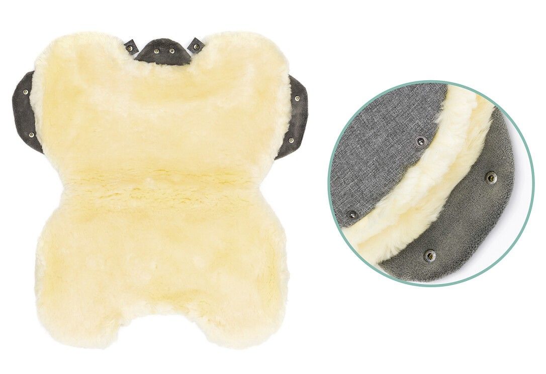 Handwärmer mit Lammfell. Graues Außenmaterial. Detailansicht: Lammfell und Knöpfe.