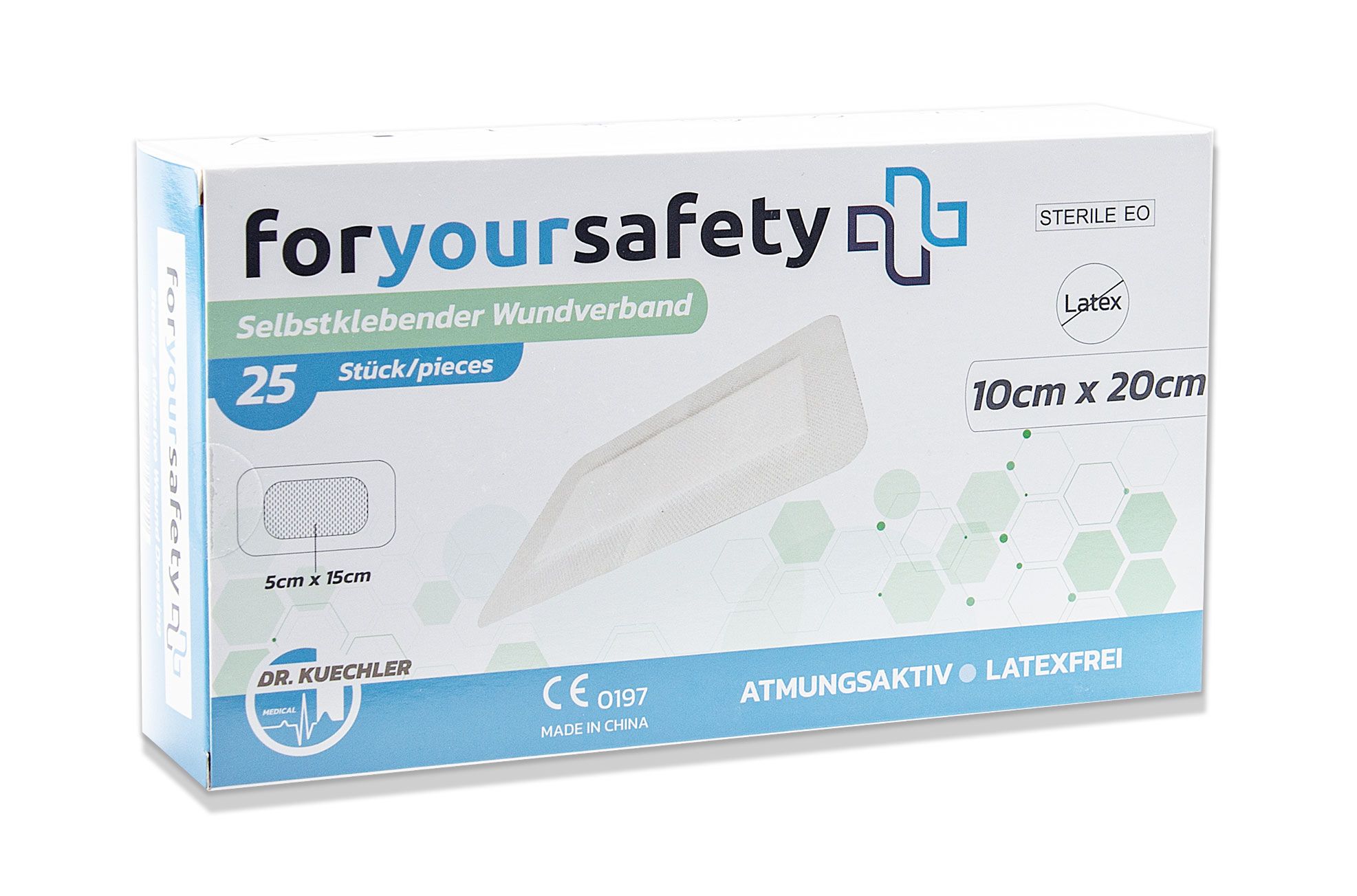Verpackung mit Pflastern, 10x20cm. Aufschrift: foryoursafety, 25 Stück, atmungsaktiv, latexfrei. CE-Kennzeichnung.
