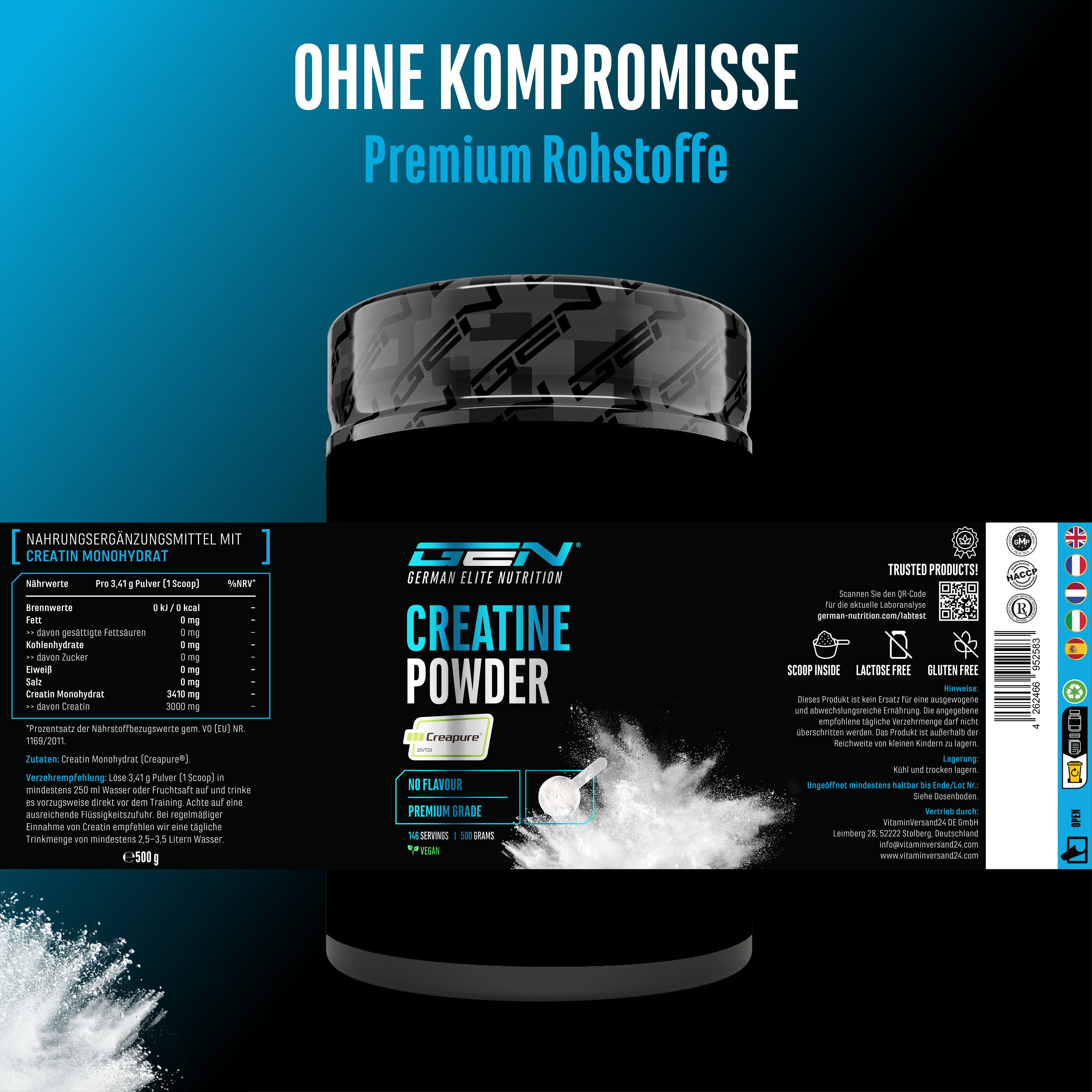 Dose GEN Creatin Monohydrat. Nährwertangaben, Zutaten, Verzehrempfehlung. Enthält Creapure. Premium Rohstoffe. Ohne Kompromisse.
