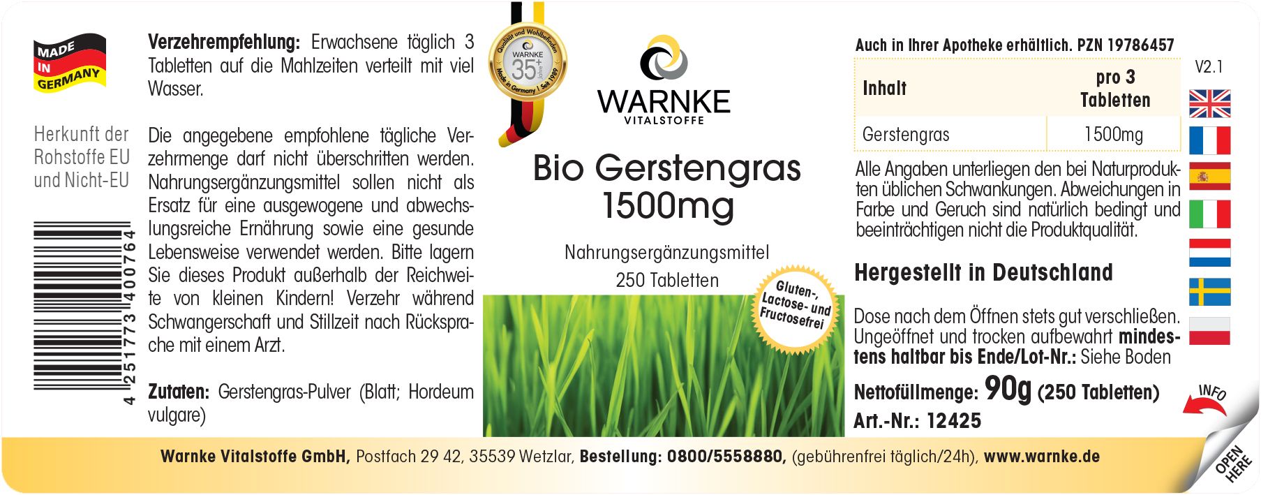 Etikett mit Produktname, Logo und Inhaltsangabe. Enthält 250 Tabletten. Hergestellt in Deutschland. Gluten- und lactosefrei.