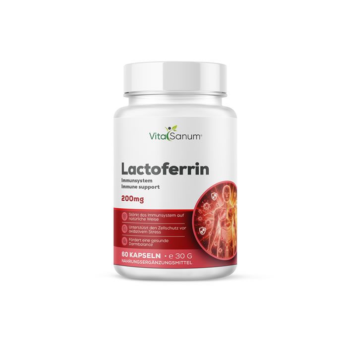 VitaSanum Lactoferrin Kapseln: Weißer Behälter mit rotem Etikett, 60 Kapseln, 30g.